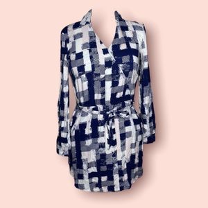 Olive & Oak Faux Wrap Dress Blue White Pale Pink Check Print Sz Medium